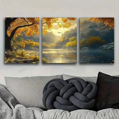 3pcs Autumn Lake with Birds Wall Art Canvas Unframed - High Quality Print 100% Australian Made Wall Canvas - Bella Home Decor
