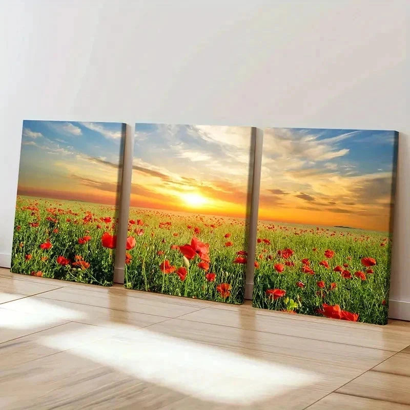 3pcs Flower Field Sunset Natural Wall Art Set Canvas Framed 60x90cm - High Quality Print 100% Australian Made Wall Canvas Ready to Hang - Bella Home Decor