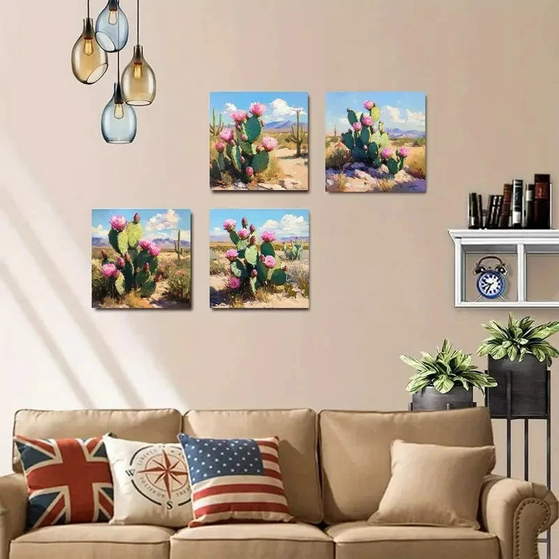 4pcsPink Flowers & Mountain SceneryWall Art Canvas Framed