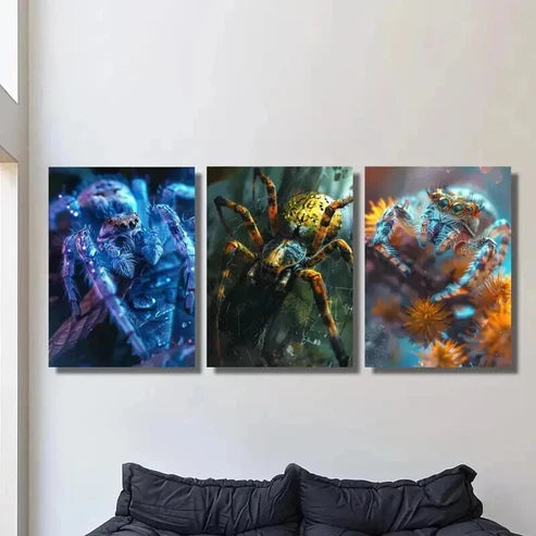 3pcs Blue Orange Illusion Spider Wall Art Canvas Unframed - High Quality Print 100% Australian Made Wall Canvas - Bella Home Decor