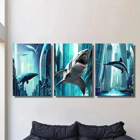 3pcs Flying Fish Fantasy Theme Illustration Wall Art Canvas Unframed - High Quality Print 100% Australian Made Wall Canvas - Bella Home Decor