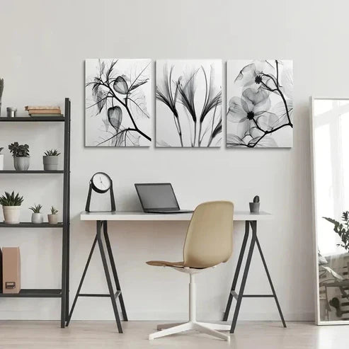 3pcs Black and White Botanical Floral and Leaf Wall Art Canvas Unframed - High Quality Print 100% Australian Made Wall Canvas - Bella Home Decor