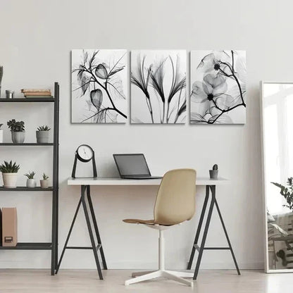 3pcs Black and White Botanical Floral and Leaf Wall Art Canvas Unframed - High Quality Print 100% Australian Made Wall Canvas - Bella Home Decor