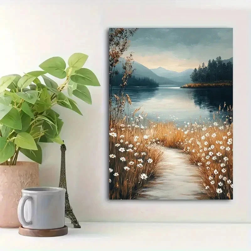 Beautiful Wildflowers & Mountain Backdrop Painting 40x60cm Metal Print Ready to Hang