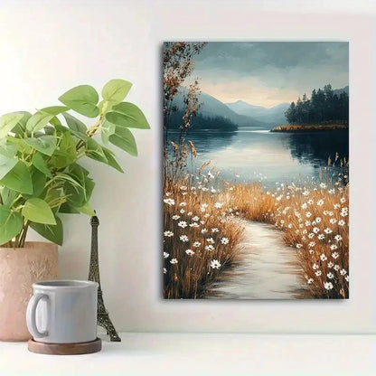 Beautiful Wildflowers & Mountain Backdrop Painting 40x60cm Metal Print Ready to Hang