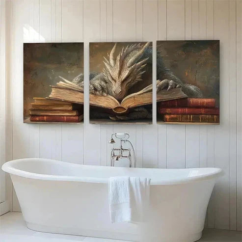 3pcs Wise Dragon Reading Books Mystical Perfect Wall Art Canvas Unframed – High Quality Print 100% Australian Made Wall Canvas