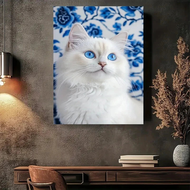 Beautiful Elegant Blue Eyed Cat Painting 40x60cm Metal Print Ready to Hang - Bella Home Decor