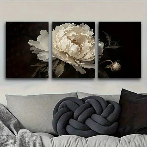 3pcs White Peony Flower Art Print Vintage Wall Art Set Canvas Unframed - High Quality Print 100% Australian Made Wall Canvas - Bella Home Decor