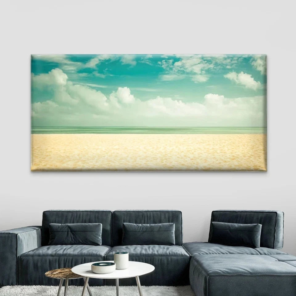 Sandy Shore & Turquoise Sky Wall Art Canvas Office Home Room Framed 120x60cm