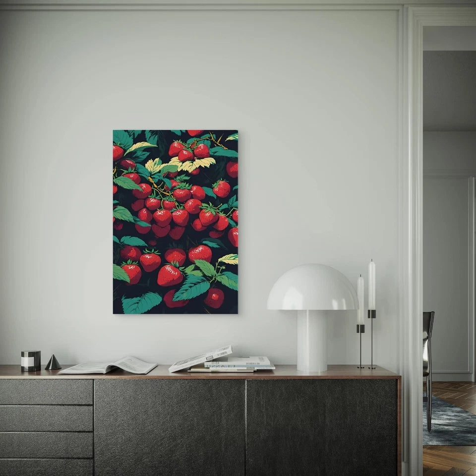 Strawberries on Green Leafed Branches 60x90cm Metal Print Ready to Hang