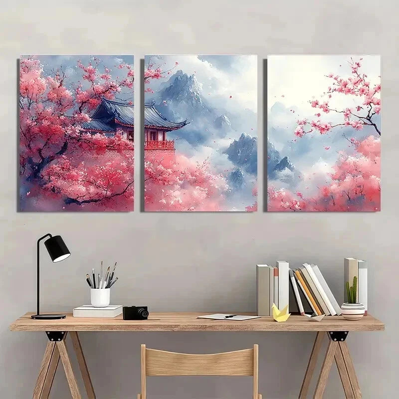 3pcs Pink Blooming Sakura Trees East Perfect Wall Art Set Canvas Framed 60x90cm - High Quality Print 100% Australian Made Wall Canvas Ready to Hang - Bella Home Decor