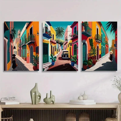 3pcs Colorful Retro Mexican Street Mural Perfect Wall Art Set Canvas Framed 50x70cm - High Quality Print 100% Australian Made Wall Canvas Ready to Hang - Bella Home Decor