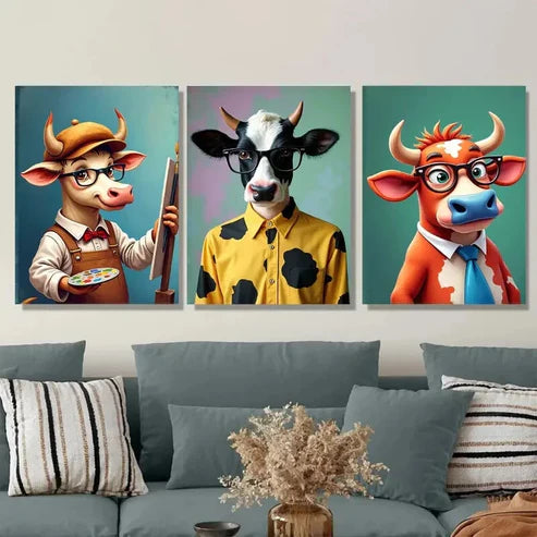 3pcs Colorful Cow Modern Farmhouse Animal Wall Art Set Canvas Unframed - High Quality Print 100% Australian Made Wall Canvas - Bella Home Decor