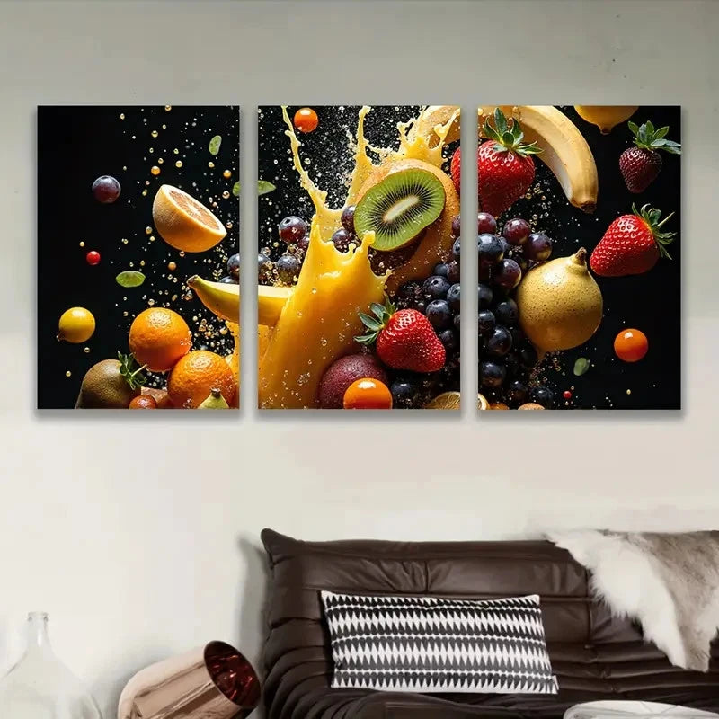 3pcs Fruit Splash Abstract Wall Art Set Canvas Framed 50x70cm - High Quality Print 100% Australian Made Wall Canvas Ready to Hang - Bella Home Decor