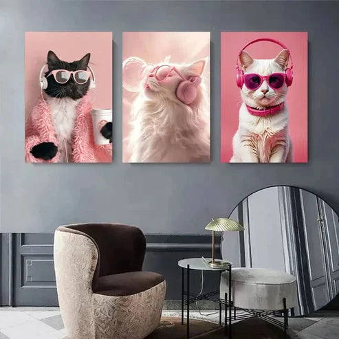 3pcs Three Trendy Cats in Fashion Wall Art Set Canvas Unframed - High Quality Print 100% Australian Made Wall Canvas