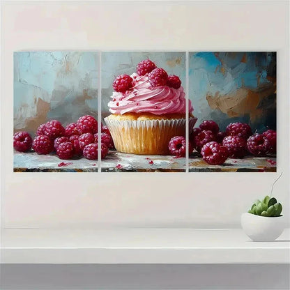 3pcs Berries Cupcake Dessert Neutral Perfect Wall Art Set Canvas Framed 60x90cm - High Quality Print 100% Australian Made Wall Canvas Ready to Hang - Bella Home Decor