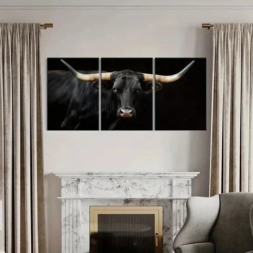 3pcs Black Bull with Long Horns Design Wall Art Canvas Unframed - High Quality Print 100% Australian Made Wall Canvas - Bella Home Decor