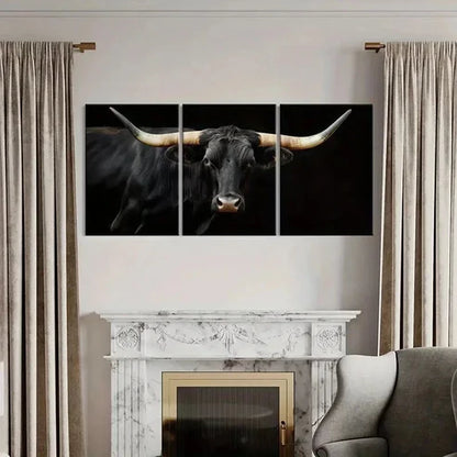 3pcs Black Bull with Long Horns Design Wall Art Canvas Unframed - High Quality Print 100% Australian Made Wall Canvas - Bella Home Decor