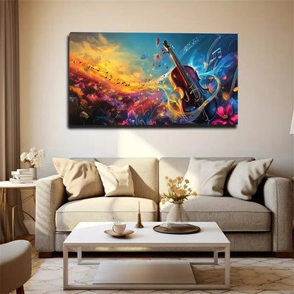 Vibrant Floral Landscape Violin Wall Art Canvas Office Home Room Framed 120x60cm