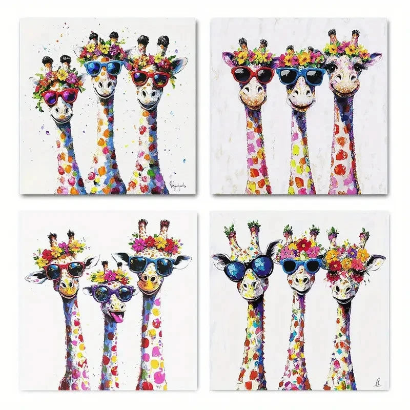 4pcs Whimsical Giraffe Familye Wall Art Canvas Framed