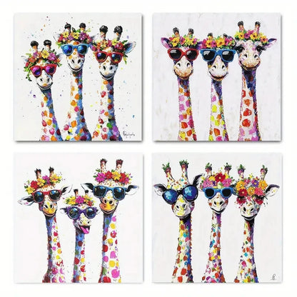 4pcs Whimsical Giraffe Familye Wall Art Canvas Framed