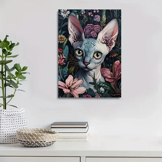 Cute Sphynx Kitten with Vibrant Flowers 40x60cm Metal Print Ready to Hang - Bella Home Decor