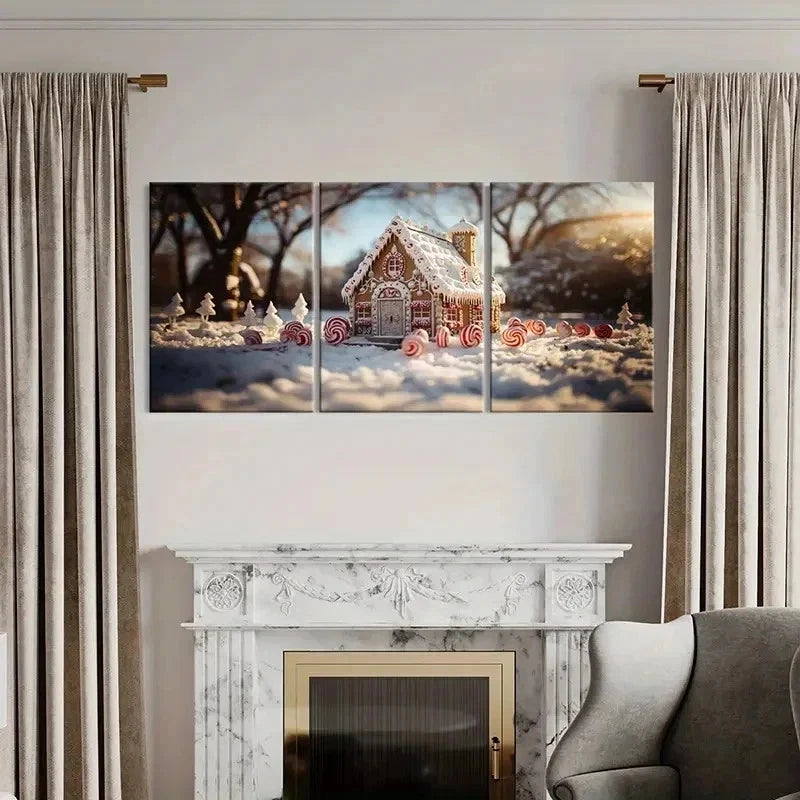 3pcs Christmas Winter Candy House Wall Art Set Canvas Framed 60x90cm - High Quality Print 100% Australian Made Wall Canvas Ready to Hang - Bella Home Decor
