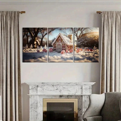 3pcs Christmas Winter Candy House Wall Art Set Canvas Framed 60x90cm - High Quality Print 100% Australian Made Wall Canvas Ready to Hang - Bella Home Decor