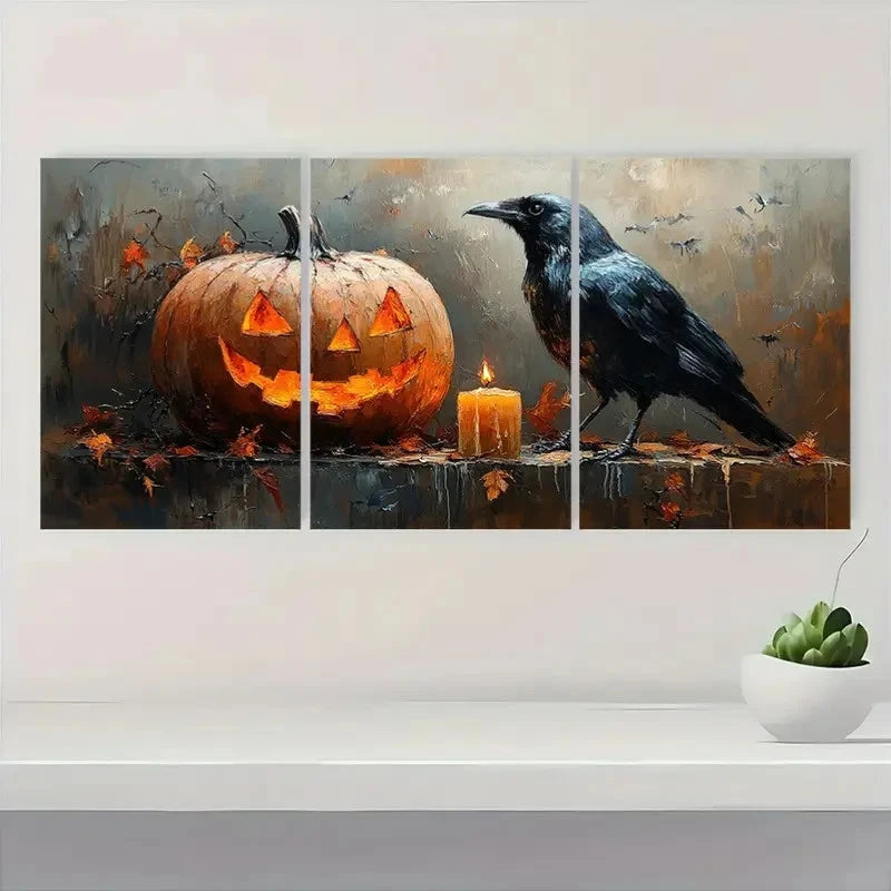 3pcs  Halloween Pumpkin & Crow ER  Wall Art Set Canvas Framed 40x60cm - High Quality Print 100% Australian Made Wall Canvas Ready to Hang - Bella Home Decor