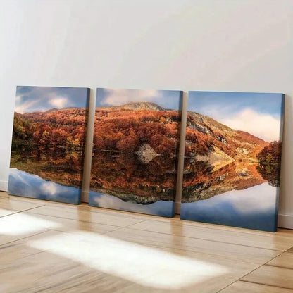 3pcs Autumn Forest Mountains & Reflections Wall Art Set Canvas Framed 50x70cm - High Quality Print 100% Australian Made Wall Canvas Ready to Hang - Bella Home Decor