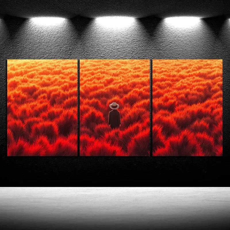 3pcs Abstract Red Field Figure Metal Print Ready to Hang Art - Bella Home Decor