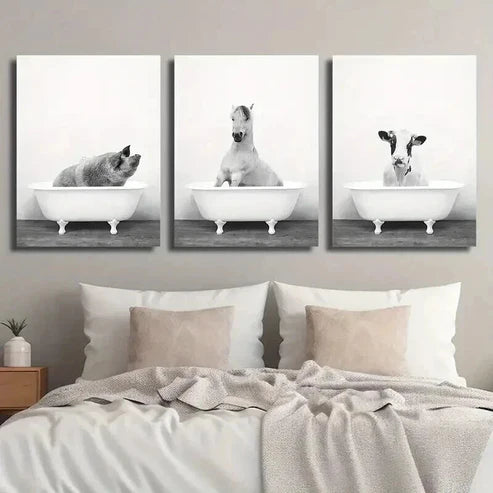 3pcs Modern Black and White Animal Bathtub Wall Art Set Canvas Unframed - High Quality Print 100% Australian Made Wall Canvas