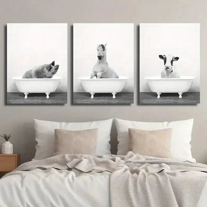 3pcs Modern Black and White Animal Bathtub Wall Art Set Canvas Unframed - High Quality Print 100% Australian Made Wall Canvas