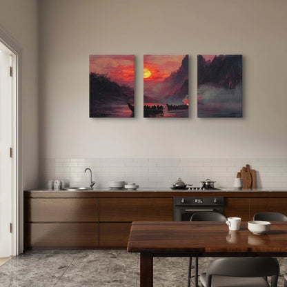 3pcs Classical Sunset River Boats Painting Wall Art Set Canvas Framed 50x70cm - High Quality Print 100% Australian Made Wall Canvas Ready to Hang
