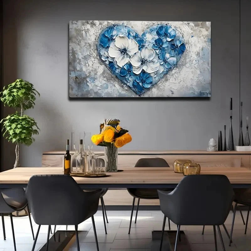 Modern Blue White Floral Heart Wall Art Canvas Office Home Room Framed 120x60cm