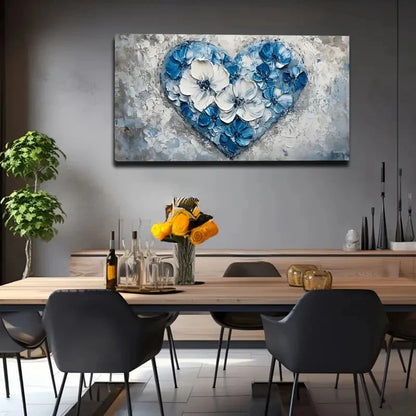 Modern Blue White Floral Heart Wall Art Canvas Office Home Room Framed 120x60cm