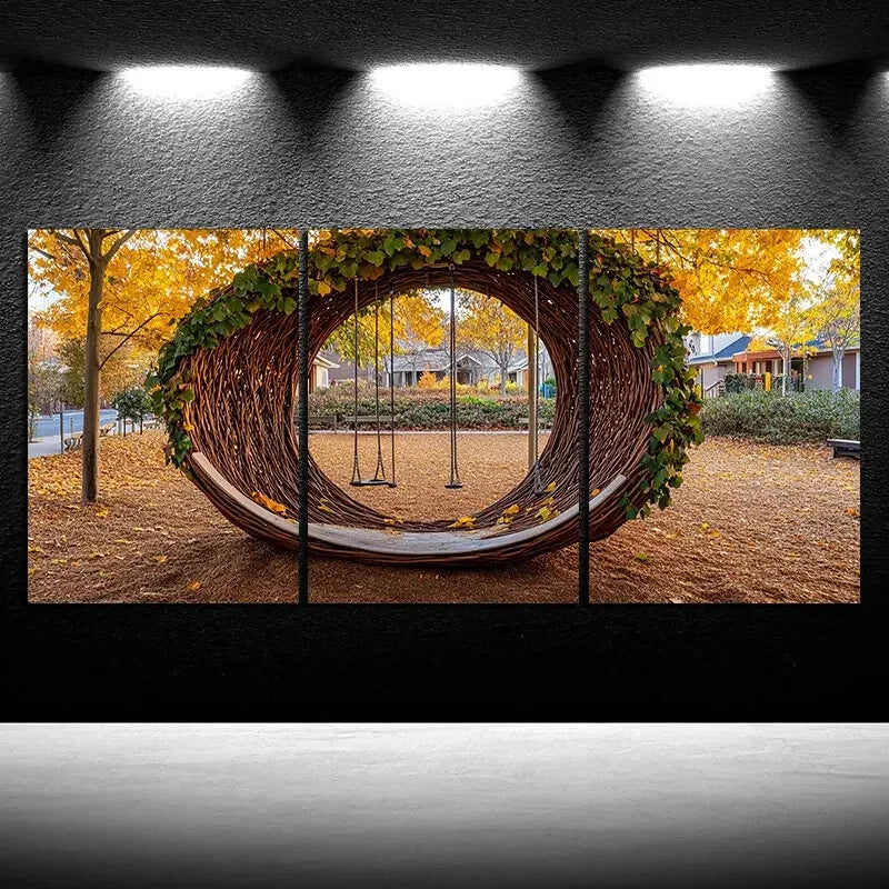 3pcs Swing in Fallen Green Leaves Metal Print Ready to Hang Art - Bella Home Decor
