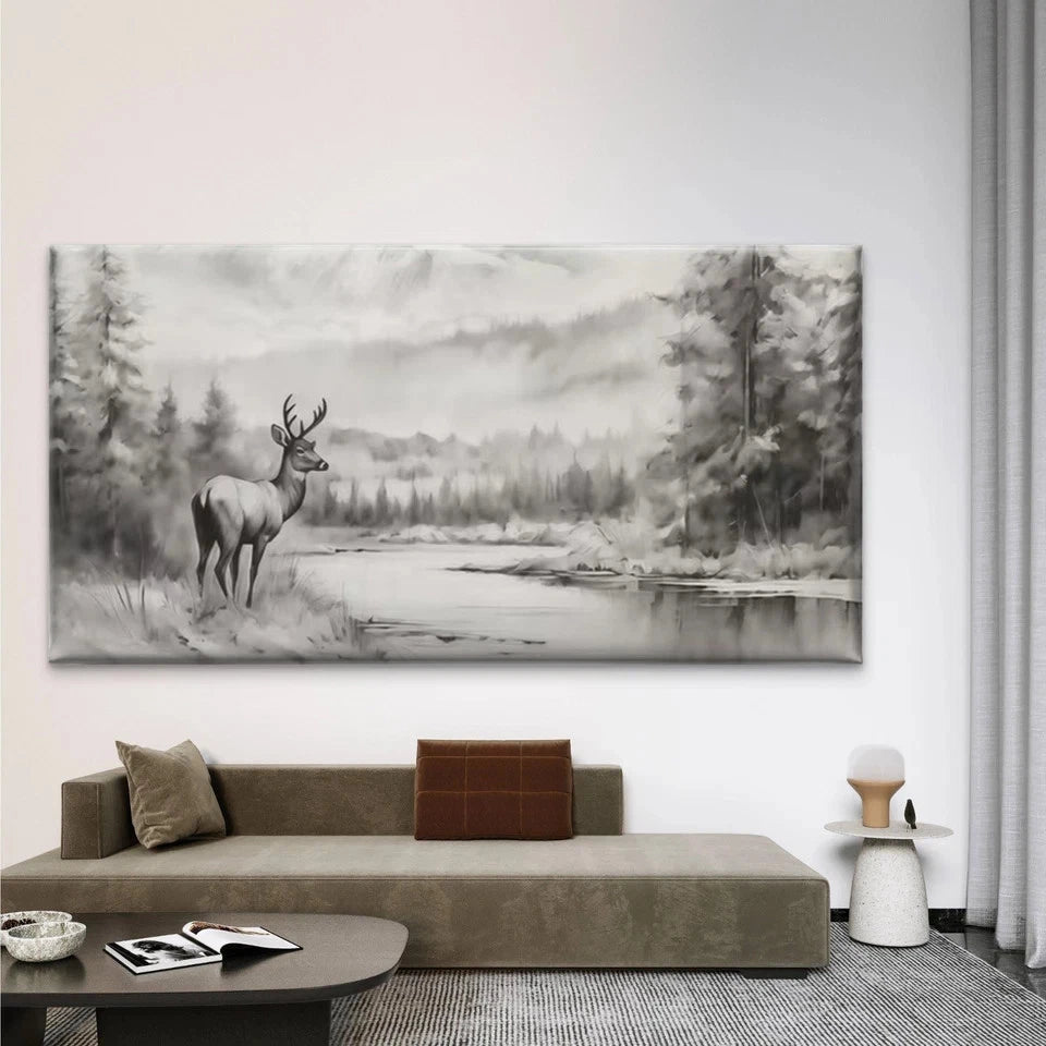 Deer in Winter Forest Wall Art Canvas Office Home Room Framed 120x60cm