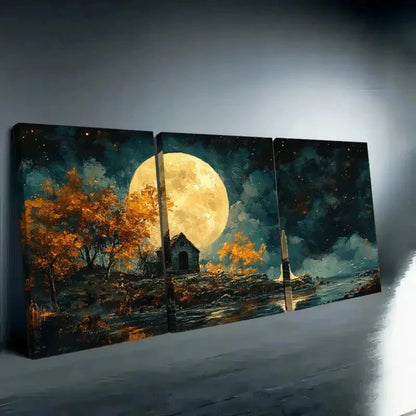 3pcs Vintage Moonlit Night Wall Art Set Canvas Framed 60x90cm - High Quality Print 100% Australian Made Wall Canvas Ready to Hang