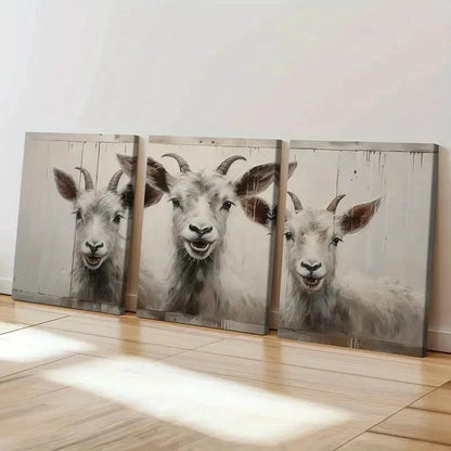 3pcs White Goats with Horns & Expressive Eyes Wall Art Set Canvas Framed 40x60cm - High Quality Print 100% Australian Made Wall Canvas Ready to Hang