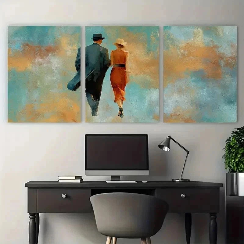 3pcs Vintage Couple Walking Retro Perfect Wall Art Set Canvas Framed 50x70cm - High Quality Print 100% Australian Made Wall Canvas Ready to Hang