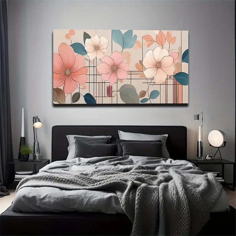 Pink & Peach Flowers Modern Wall Art Canvas Office Home Room Framed 120x60cm