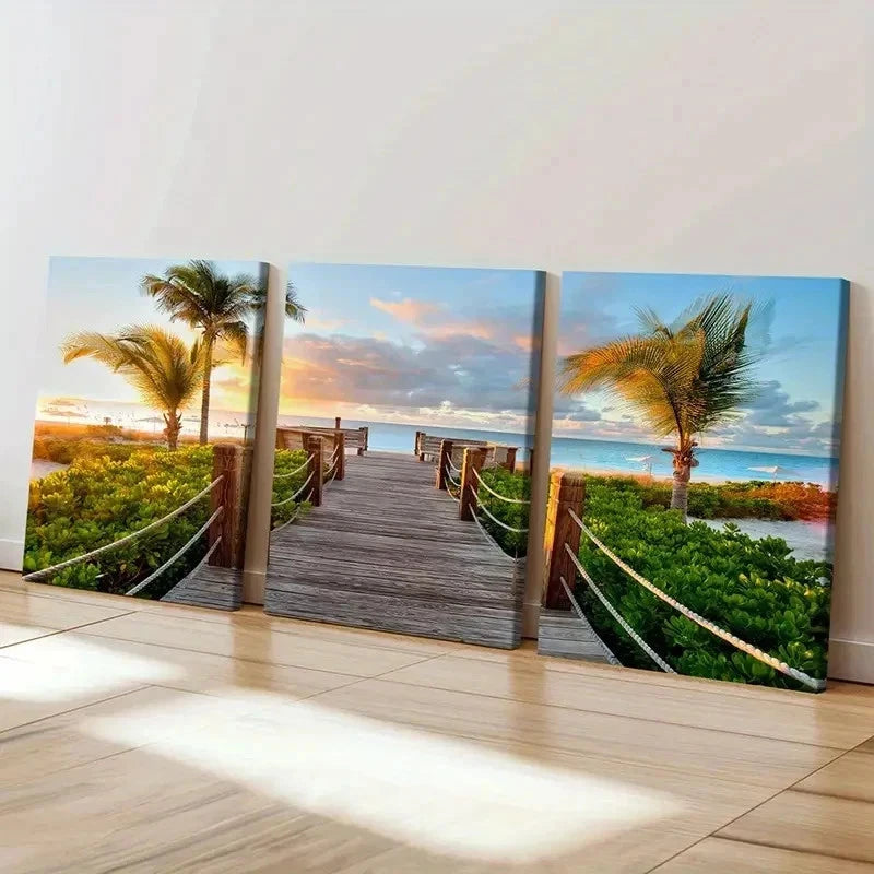 3pcs Beach At Sunset Palm Trees Modern Wall Art Set Canvas Framed 40x60cm - High Quality Print 100% Australian Made Wall Canvas Ready to Hang