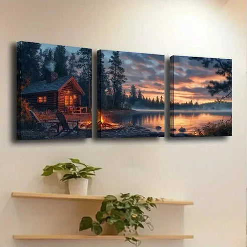 3pcs Tranquil Lake & Log Cabin Scene Wall Art Canvas Unframed - High Quality Print 100% Australian Made Wall Canvas
