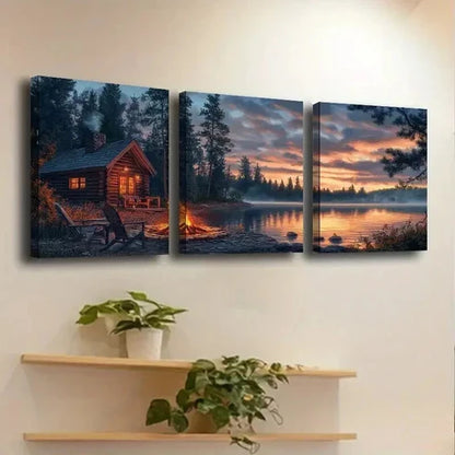 3pcs Tranquil Lake & Log Cabin Scene Wall Art Canvas Unframed - High Quality Print 100% Australian Made Wall Canvas