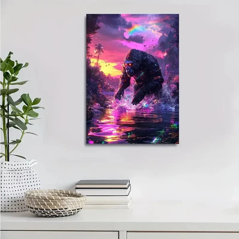 Steampunk Gorilla Splashing in Water Under Glowing 40x60cm Metal Print Ready to Hang - Bella Home Decor