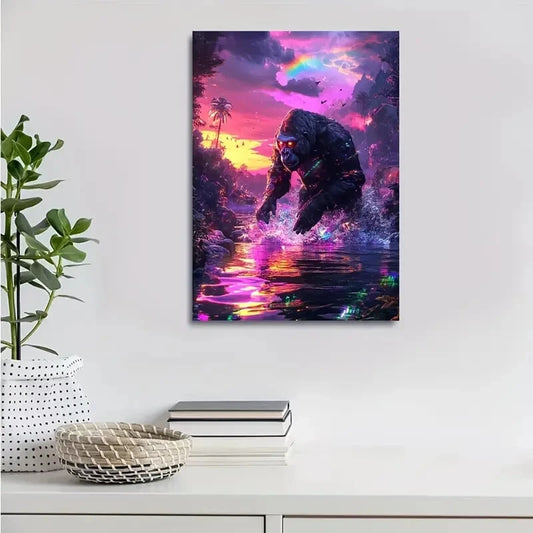 Steampunk Gorilla Splashing in Water Under Glowing 40x60cm Metal Print Ready to Hang - Bella Home Decor