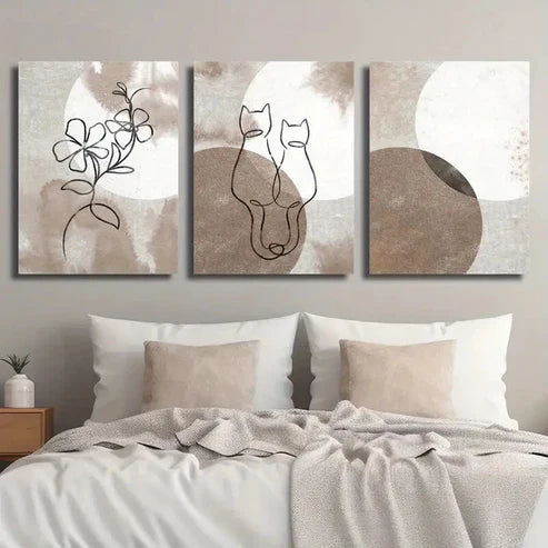 3pcs Modern Abstract Cat & Floral Line Wall Art Canvas Unframed - High Quality Print 100% Australian Made Wall Canvas
