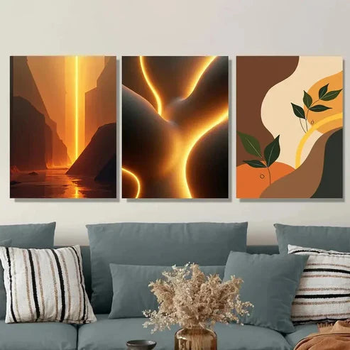 3pcs Modern Abstract Golden Landscape Vibrant Art Set Canvas Unframed - High Quality Print 100% Australian Made Wall Canvas