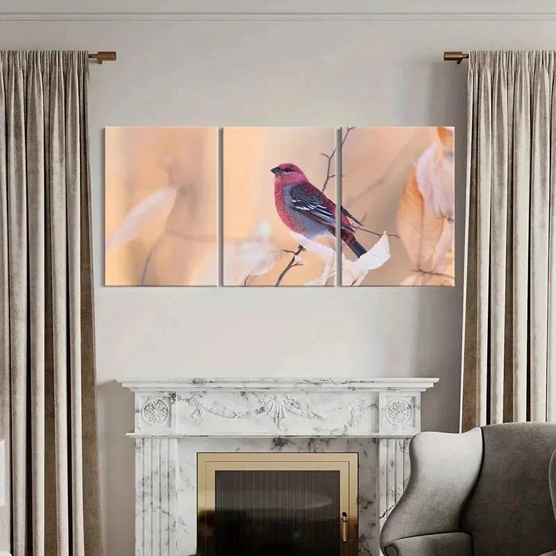 3pcs Bird on a Branch With Autumn Leaves Wall Art Set Canvas Framed 50x70cm - High Quality Print 100% Australian Made Wall Canvas Ready to Hang - Bella Home Decor